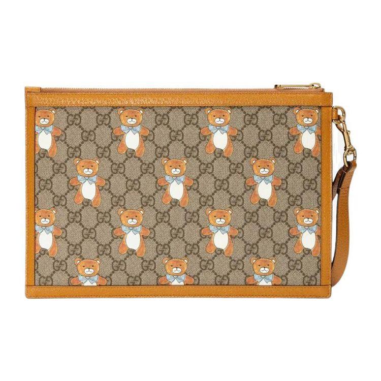 Gucci X Kai Collaboration Vintage Logo Teddy Bear Print Canvas And Leather Clutch Unisex clutch Ebony Brown 660162-2YLAG-8695