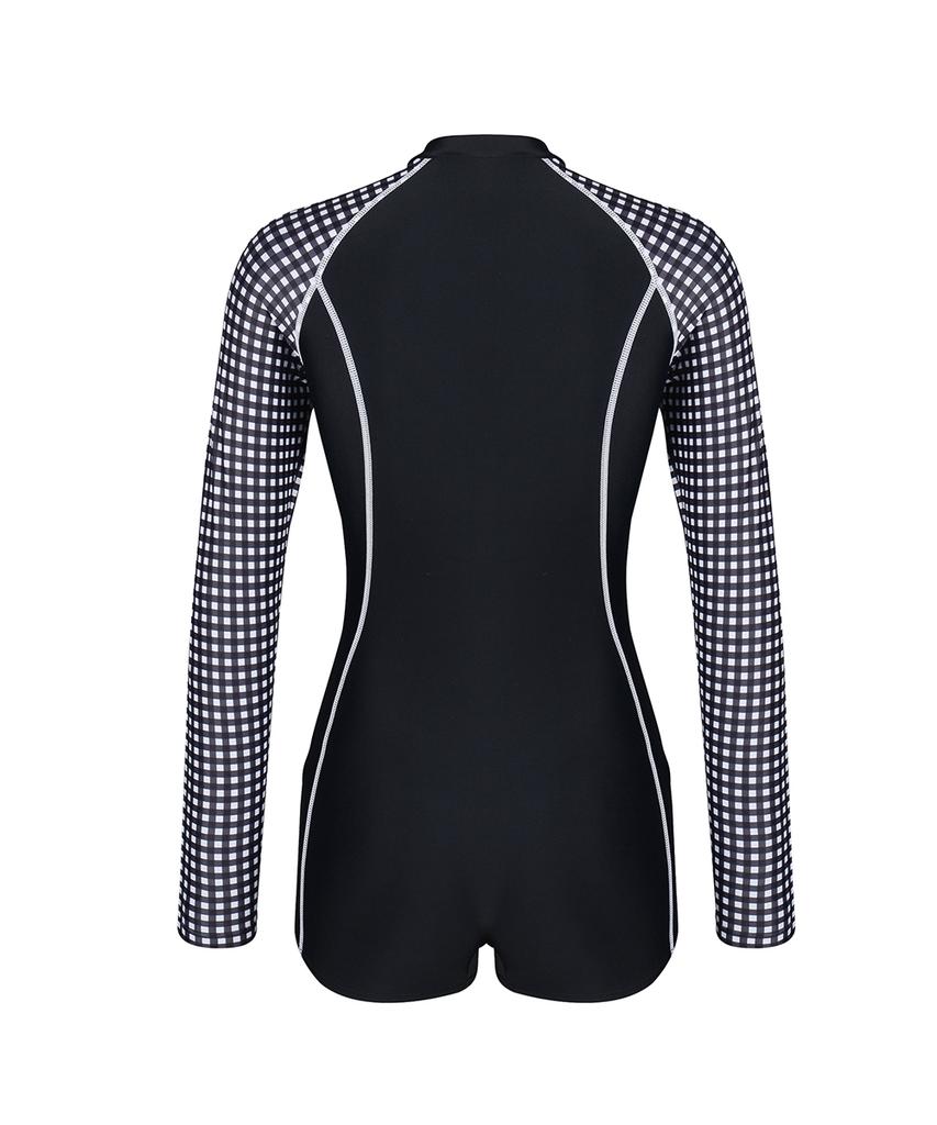 Jeteseu Women'S All-In-One Long Sleeve One-Part Suit Swimsuit Black Check L_4A028