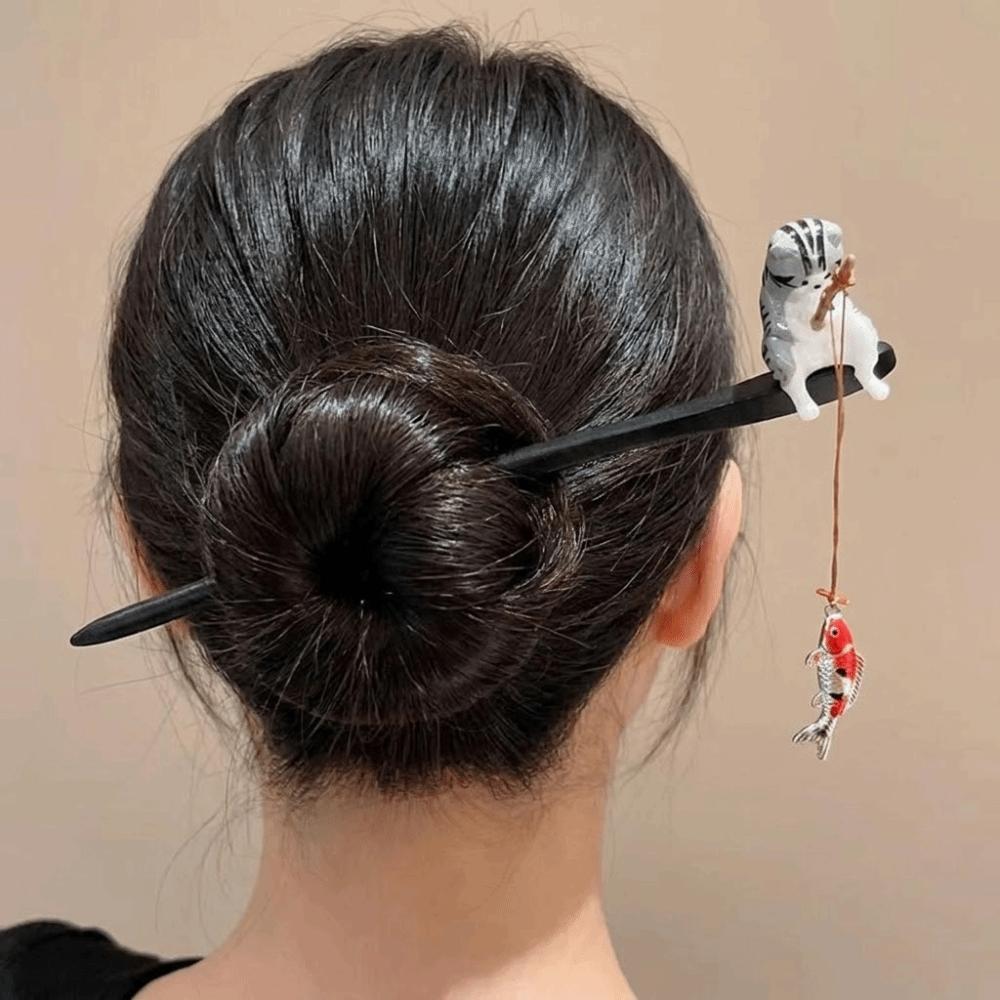 Chinese Style Cat Fishing Hair Stick Black Sandalwood Hanfu Hairpin Antique Wooden Hair Stick  Girl