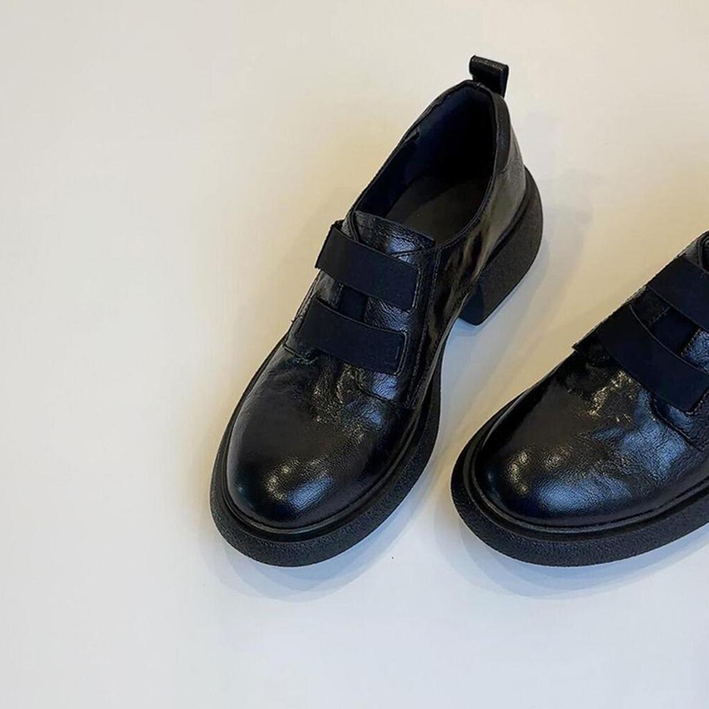 Sheepskin version~ British style platform Velcro loafers women's one-pedal leather comfortable thick heel silent small leather shoes