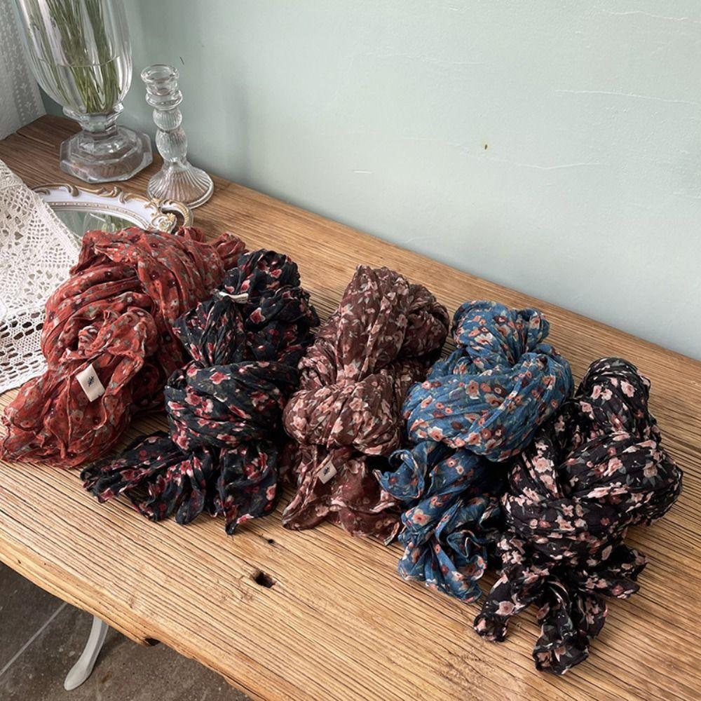Keep Warm Pleated Printed Scarf Vintage Shawl Wrap Floral Cotton Linen Scarf