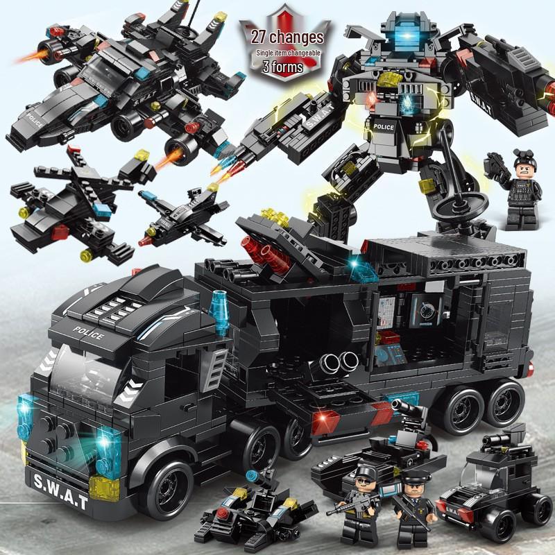 Lele Brothers Children s Building Blocks: Police Car, Tank, Castle, and Space Models for Boys and Girls Bag