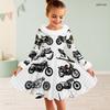 Little Girls White High Neck Fuzzy Trim Long Sleeve Tie Waist Motorcycle Printed A Line Flared Dress