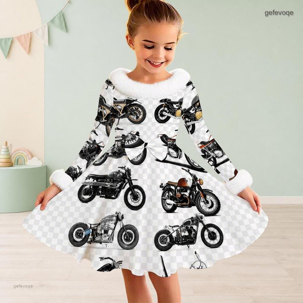 Little Girls White High Neck Fuzzy Trim Long Sleeve Tie Waist Motorcycle Printed A Line Flared Dress