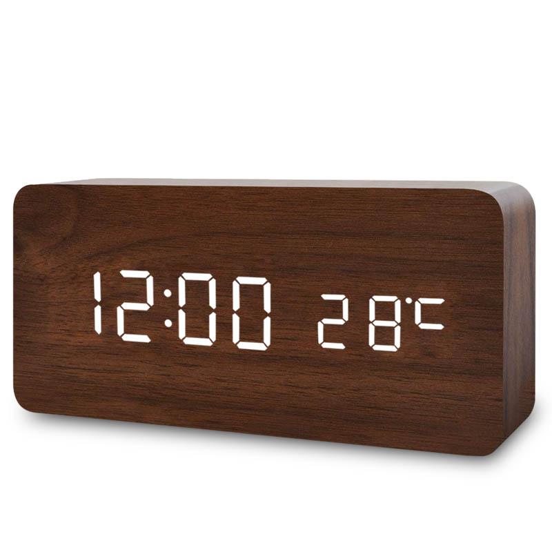 Voice Control Wooden Digital Alarm Clock TEMP Date Table Clock 3 Alarm 2 Display Modes 12/24H Power Outage Memory LED Clock