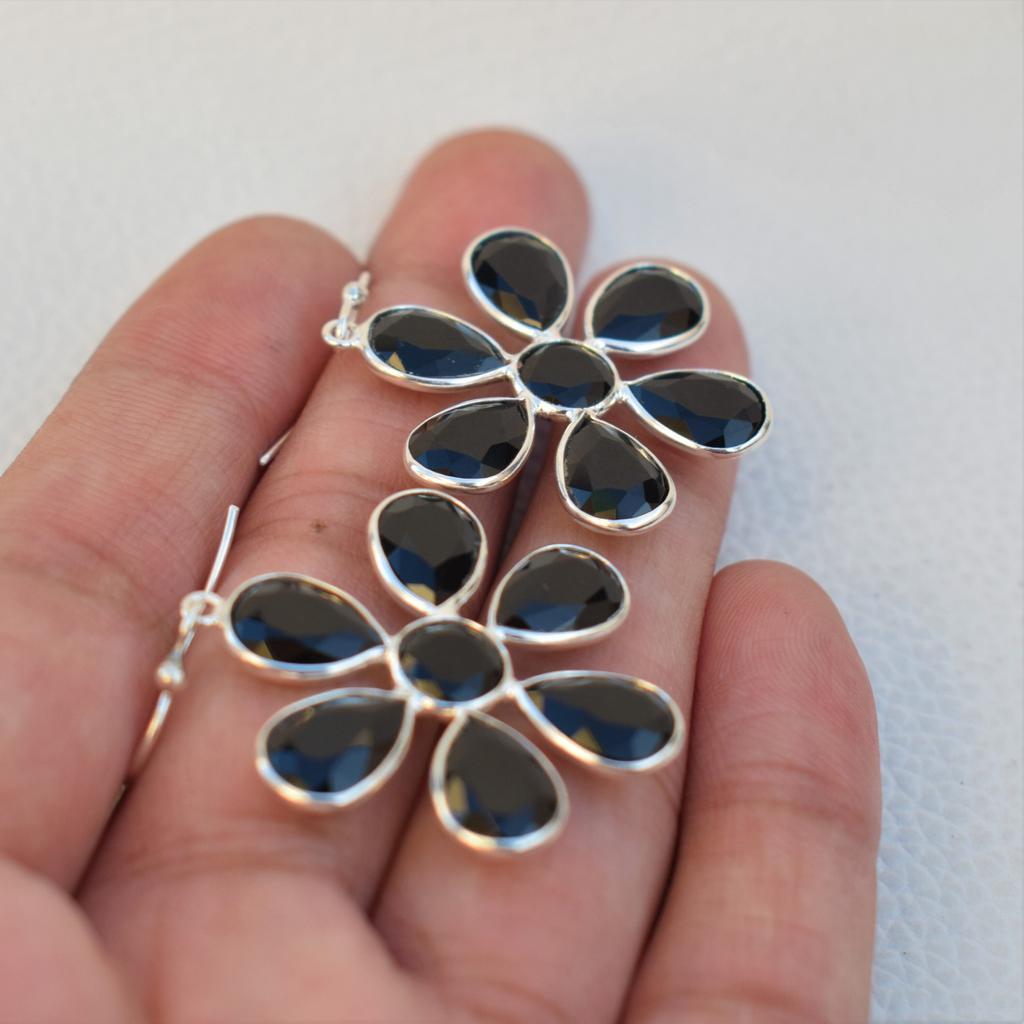 Faceted Black Onyx Earrings, Flower Design Earring, 925 Sterling Silver Handmade Earring, Gift for Her, December Birthstone