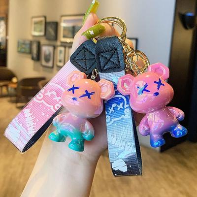 Cartoon Gradient Graffiti Bear Resin Key Chain Webbing Tape  Doll Bag Pendant Holiday Car Key Ring For Girl Jewelry Gift