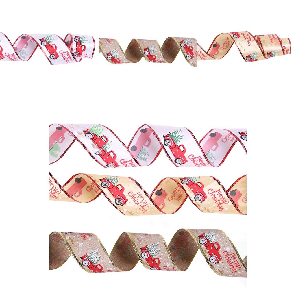 Charming 2 Meter Christmas Tree And Car Decorative Gold Glitter Printed Ribbon With Cartoon Style