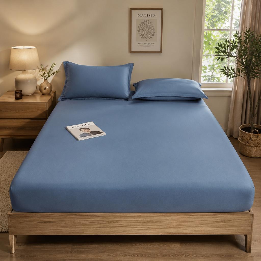 Brushed Washed Cotton Fitted Sheet, All Seasons Full Wrap Mattress Protector Cover with Pillowcase, Dustproof Anti-Dirty Bed Linen