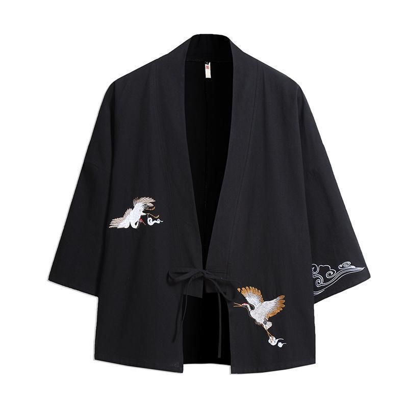 Unisex Japanese-Chinese Haori Kimono Cardigan with Crane Embroidery