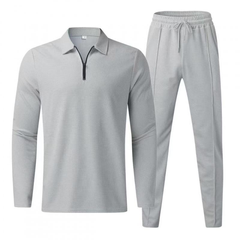 2025 Men's Waffle Long-Sleeve Suit & Elastic Waist Sports Pants Set - Breathable Casual Wear for Spring/Autumn