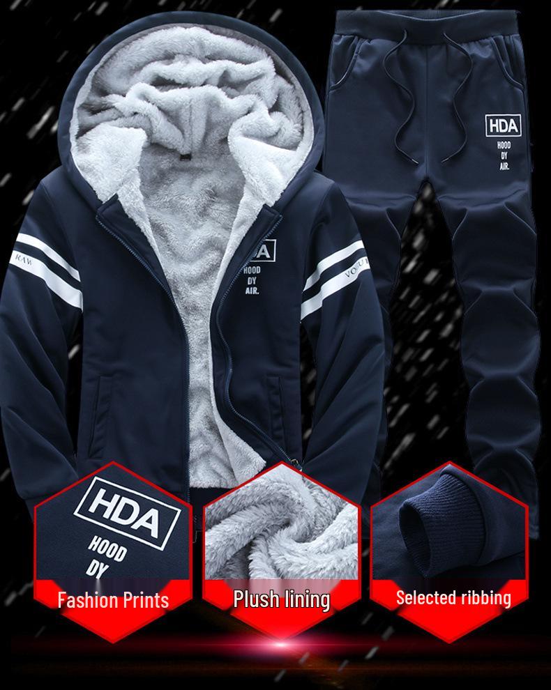 Men's Fleece-Lined Casual Hoodie & Pants Two-Piece Set