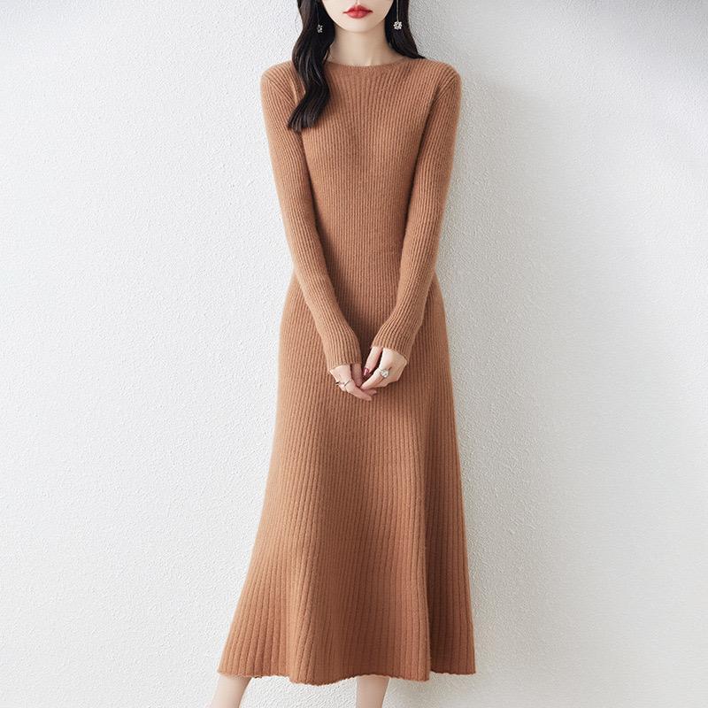 LYRIA New Women Mock Collar Dress 100% Merino Wool Pullover Skirt Autumn Winter Knitted Long Sweater Female Chic Fishtail Dress