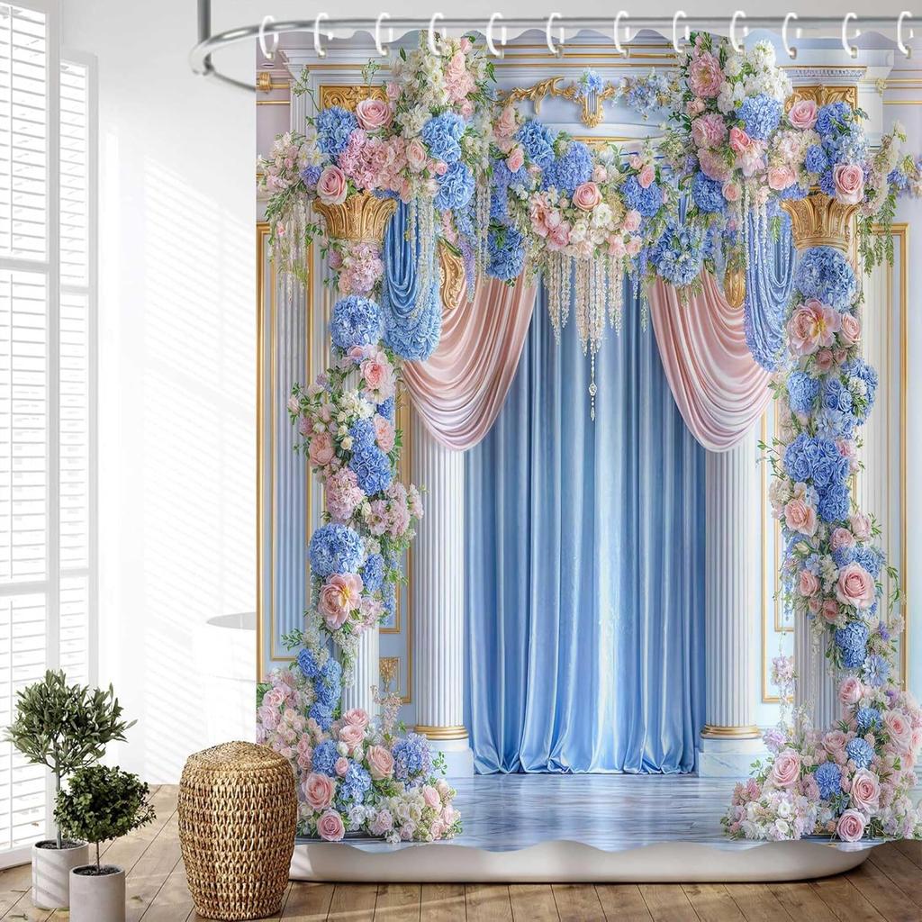 Blue Pink Floral Shower Curtain, Elegant Luxury Bridal Shower Curtain For Bathroom Decor, Vintage Navy Blue Rose Flowers Women