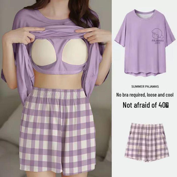 Women's Plus Size Imitation Cotton Summer Pajama Set with Built-in Bra, Casual & Sweet Design for Indoor/Outdoor Wear.