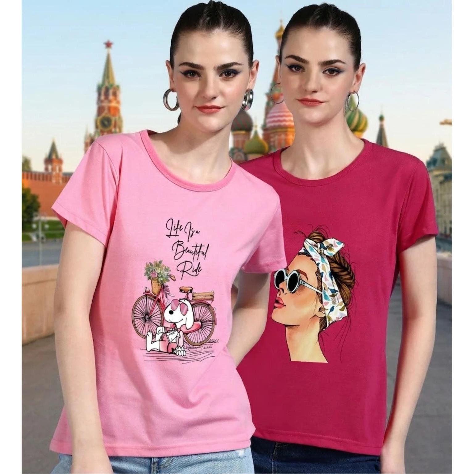 Women Graphic T-Shirt Cotton Blend Short Sleeves Round Neck Top Pack Of 2 Combo S