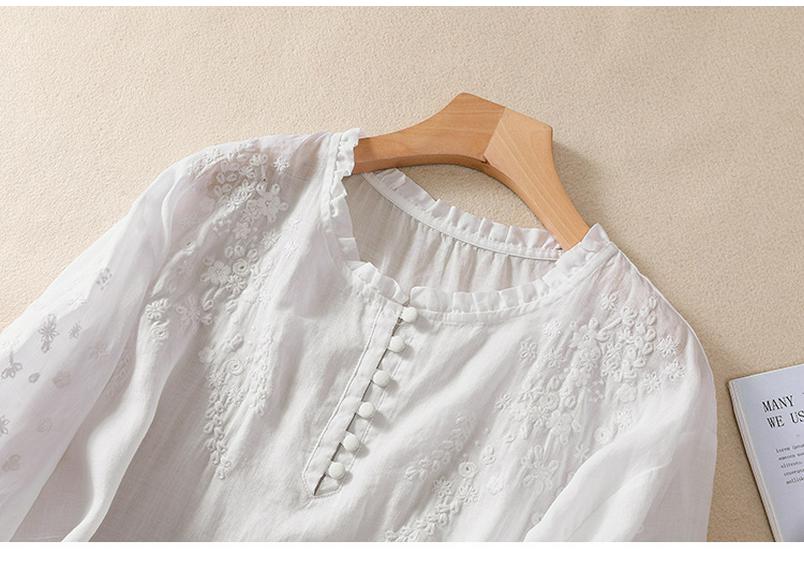 2025 Summer Artistic V-Neck Embroidered Floral Women's Shirt with Five-Point Sleeves