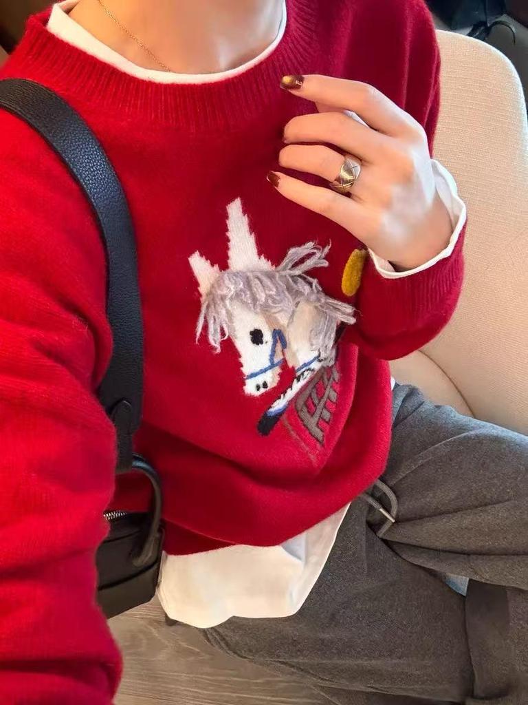 Women's Red Embroidered Horse Sweater - Round Neck, Soft Winter Knit, New 2026 Style
