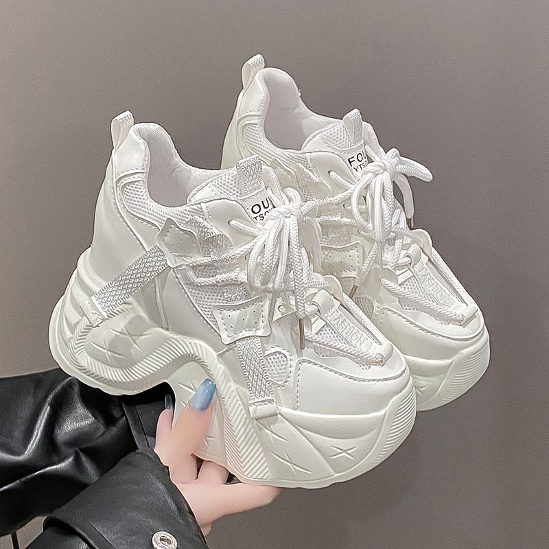 Módní dámské tenisky na vysoké platformě s protiskluzovou podrážkou, jarní vulkanizovaná obuv, 9,5 cm silná podrážka, kožené ležérní boty, robustní sportovní tenisky pro tátu