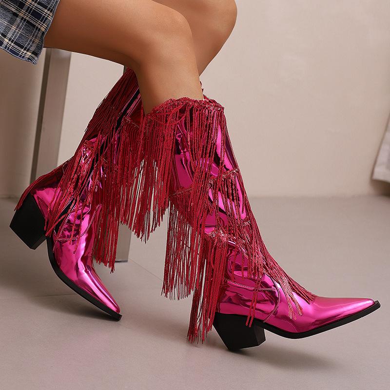 Fashion IPPEUM Fringe Cowboy Boots For Women  Mid Calf Pu Leather Size 46 Winter Knee High Western Silver Cowgirl Shoes