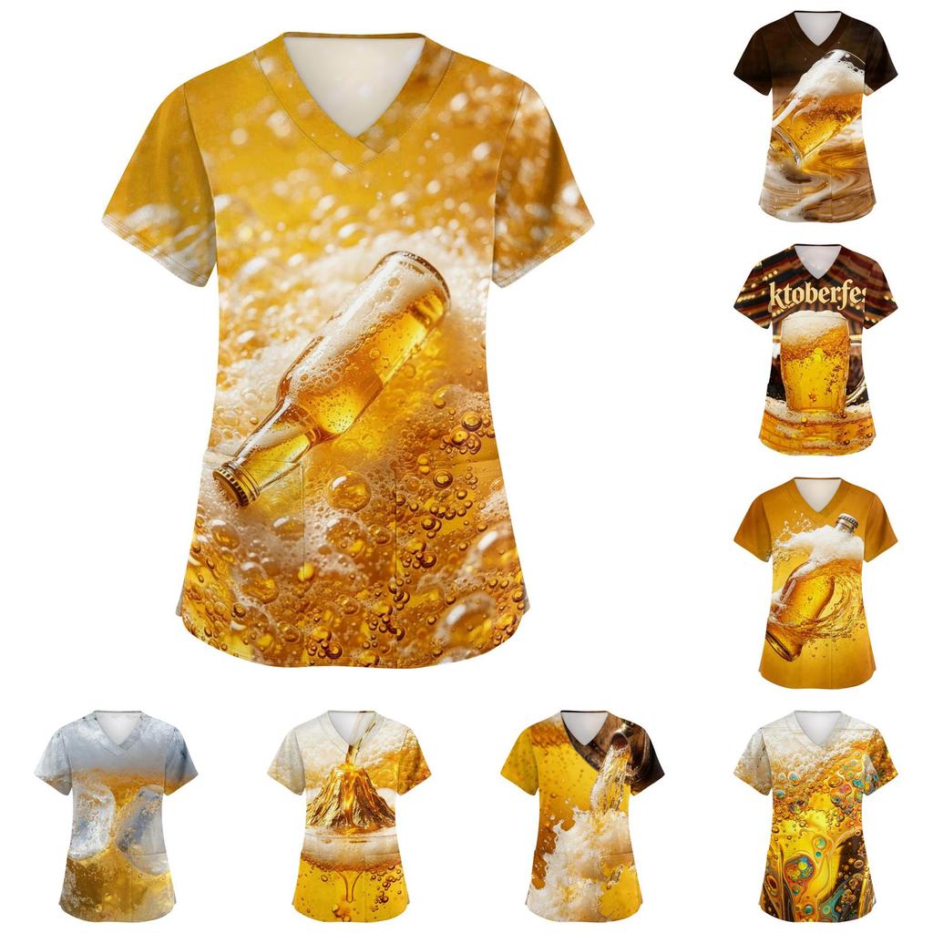 Women's V Neck Short Sleeve Work Shirt with Pockets Oktoberfest Beer Print Medical Scrub Top for Healthcare Professionals