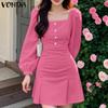 VONDA Women Casual Square Neck Puff Long Sleeve Solid Color Hip Dresses