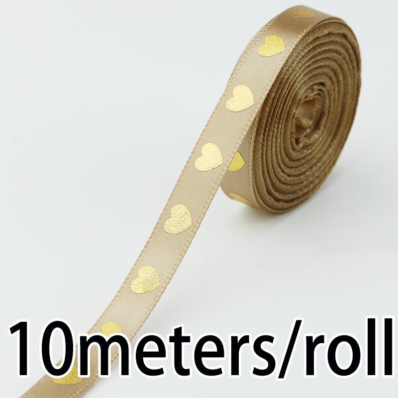 1cm Gold Peach Heart Hot Stamping Love Print Ribbon, 10m/Roll - Ideal for Gift Packaging