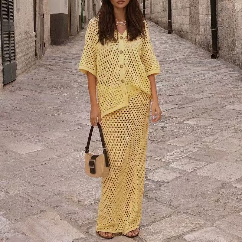 

Western Style Hollow Knit Top Skirt sets Knited Shirt and Skirt Suit Set Yellow L