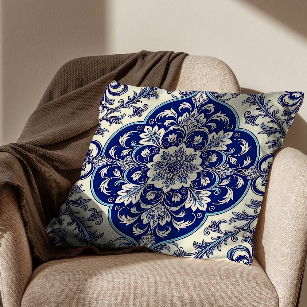 BBlue and White Porcelain Pillow Case Sofa Living Room Bedroom Headboard Backrest Cushion Square Cushion Nap Time