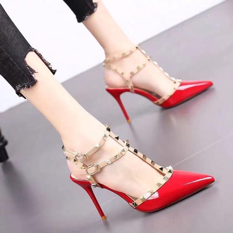 Spring high heels women's pointed head thin heel one-word buckle sandals women's rivets wedding shoes medium heel single shoes large size