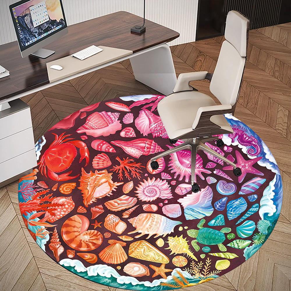 1pc Seashells, Oceanic Pattern Office Round Rugs, Under Chair Round Rugs for Living Room, Bedroom, Bathroom Decoration Carpet 091843
