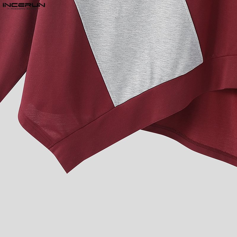 INCERUN T-shirt e Top Casual Larghi da Uomo a Manica Lunga con Patchwork Irregolare e Girocollo
