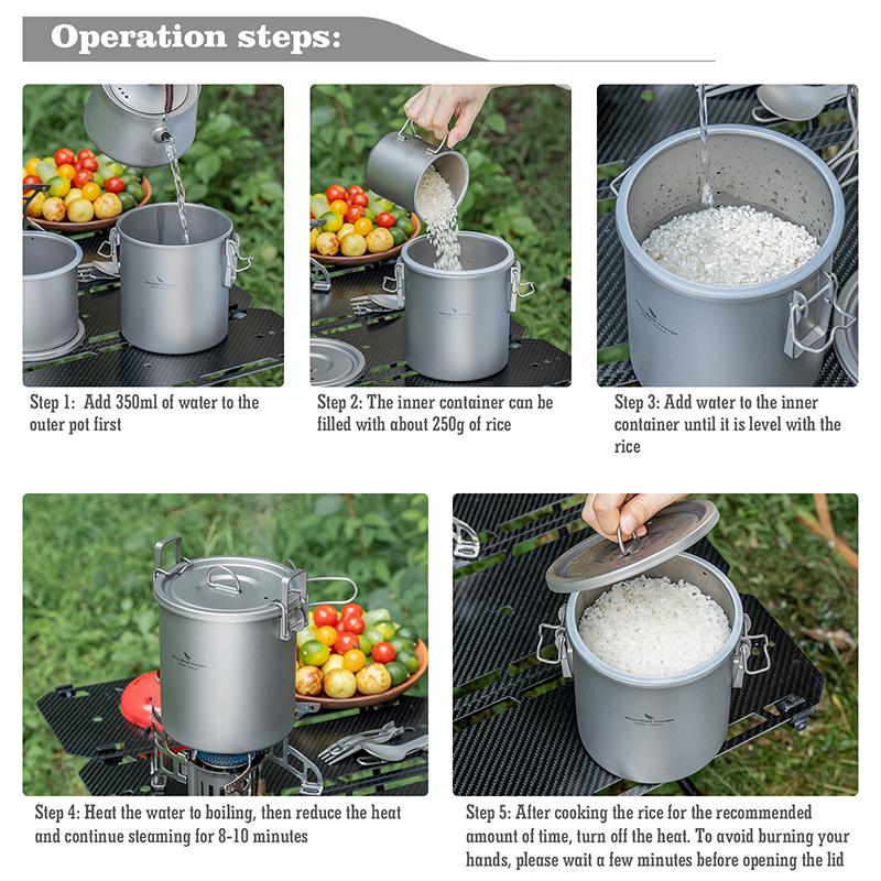 Boundless Voyage 1.4L Titanium Pot Rice Cooker Set Ultralight Camping Cookware for Outdoor, Hiking, Travelling Cooking W-Ti2093c
