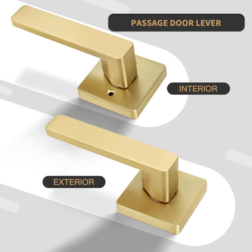 Brushed Gold Door Handles, Heavy Duty No Lock Passage Door Lever, Reversible Square Door Handle Without Lock for Hallway Closet Door, Satin Brass