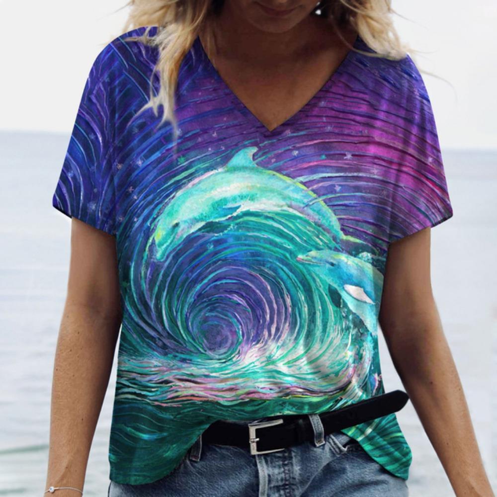 Women's T-Shirts Dolphin Print Tops V-Neck Fashion Female Vintage Aesthetics Tees Loose Oversized Funny Clothing