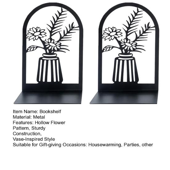 2 Stück Bücherregal-Buchstützen, hohle Blumen, geschnitztes Muster, Vase, Buchstützen, L-förmiges Design, rutschfester Buchhalter