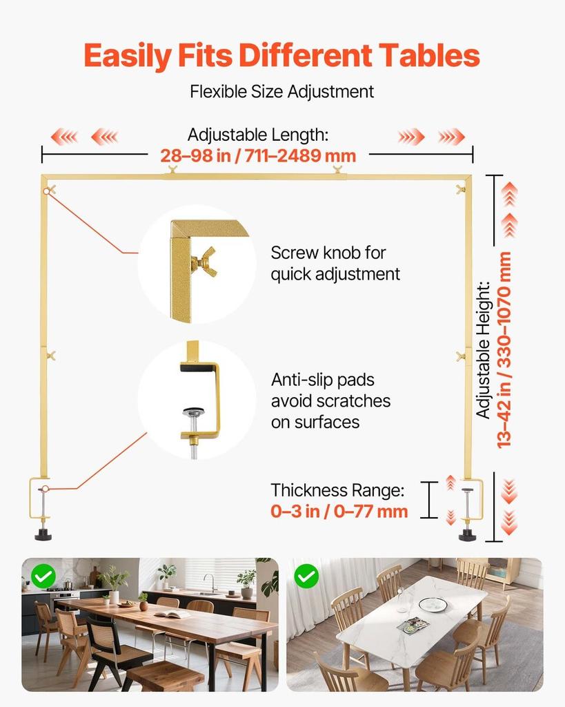 Over the Table Rod Stand with Clamps, Adjustable 71-249 Cm Length & 33-106 Cm Height, Table Arch Stand with Floral Accessories, Gold Balloon Frame for