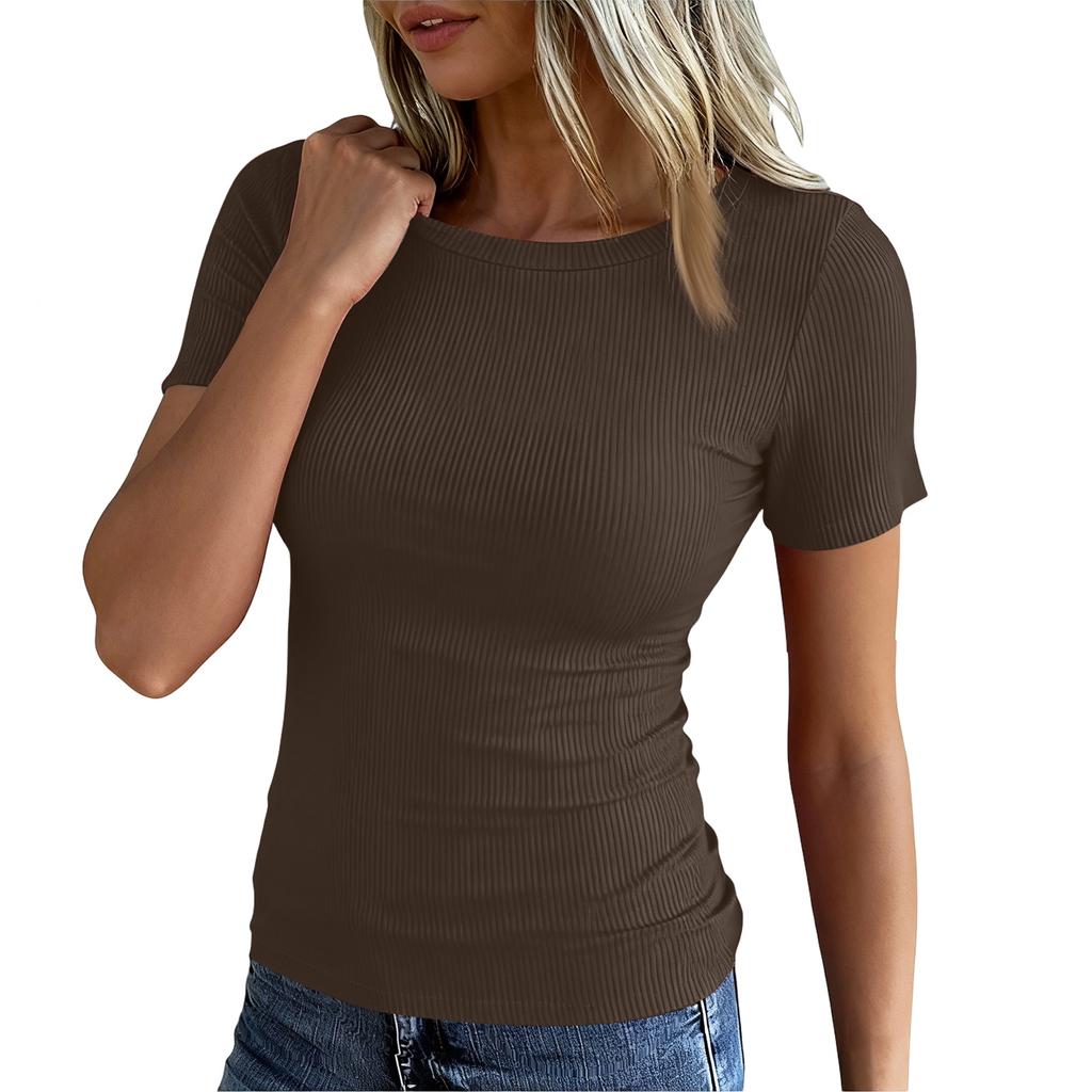 Ladies Slim Bottom T-shirt Fashion Casual Colour Round Neck Pullover Short Sleeve Top