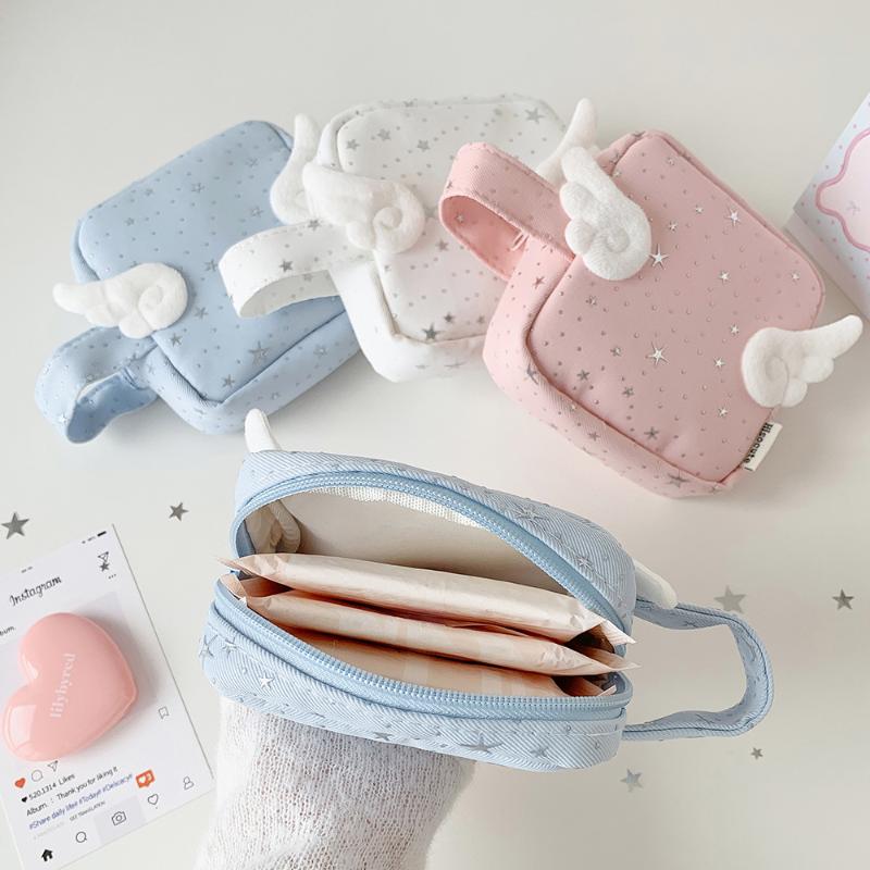 Mini Size Makeup Bag For Women Star Pattern Wings Patchwork Travel Cosmetic Organizer Multi-Purpose Space Saving Lipstick Pouch