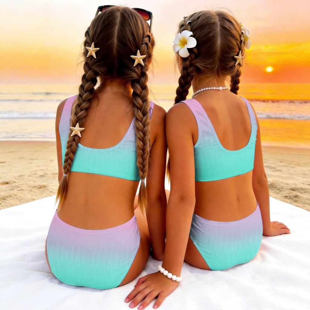 Girls Two Piece Swimsuit Set Gradient Print Sleeveless Crop Top and High Waist Bottoms Summer Beach Swimwear for Kids