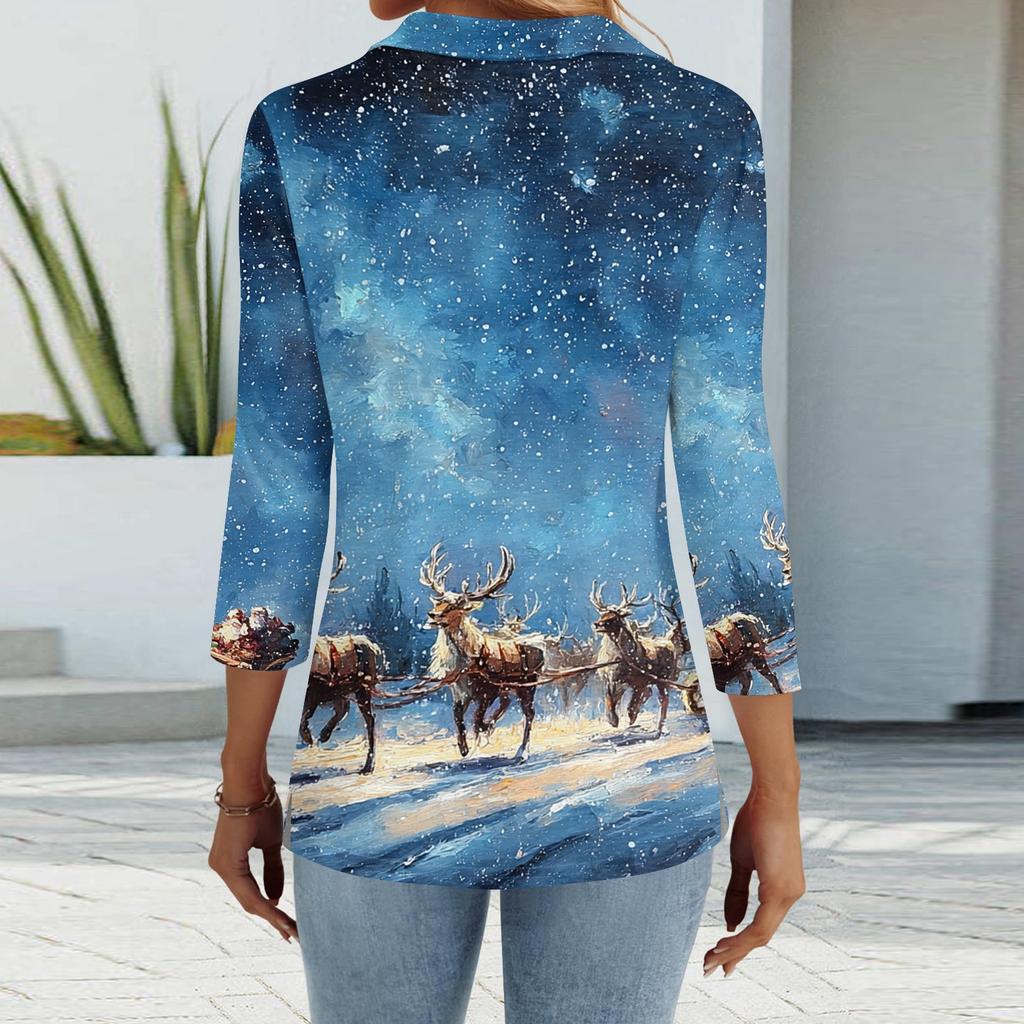 Damenmode Lässig Revers Kurz 3/4 Ärmel Weihnachts-Print Hemd Damen Knopfleisten-Tops
