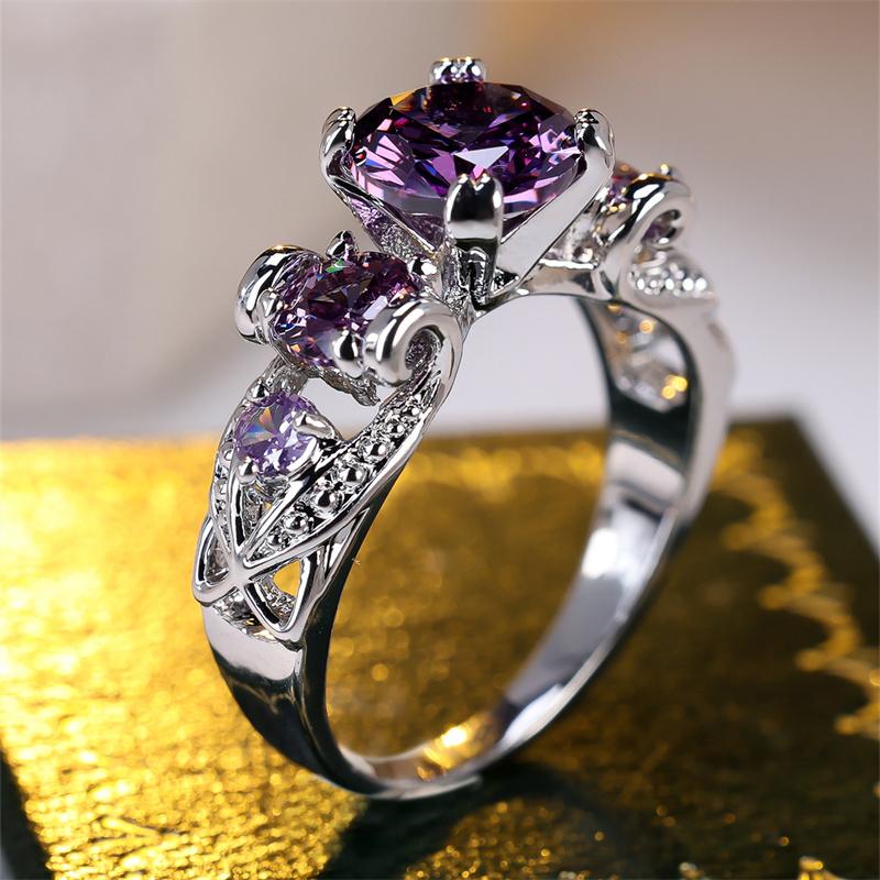 1 Pc Silvery Color Round Cut Purple Stone Ring Hollow Pattern Ring Wedding Band Valentine's Day Jewelry