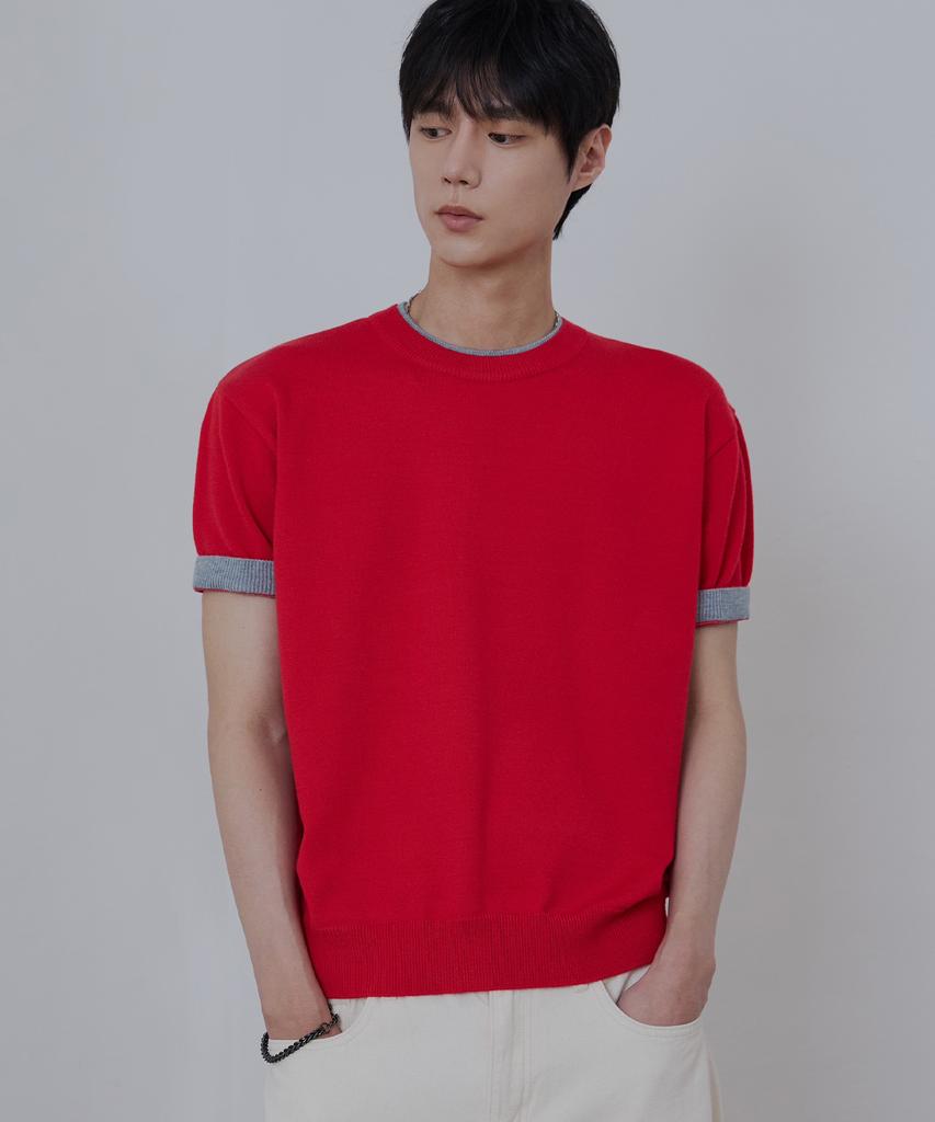 NODU Layered Color Block Round Cropped Half Knit [Red]