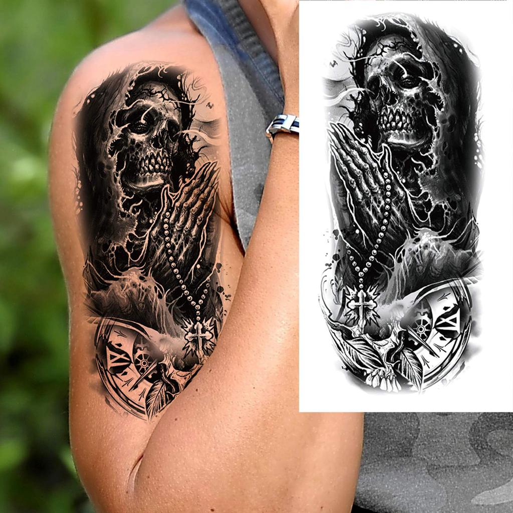 1 Sheet Wolf Lion Tiger Fake Temporary Tattoos For Man Women Adults Skull Black Warrior Tattoo Sticker Animals Sleeve