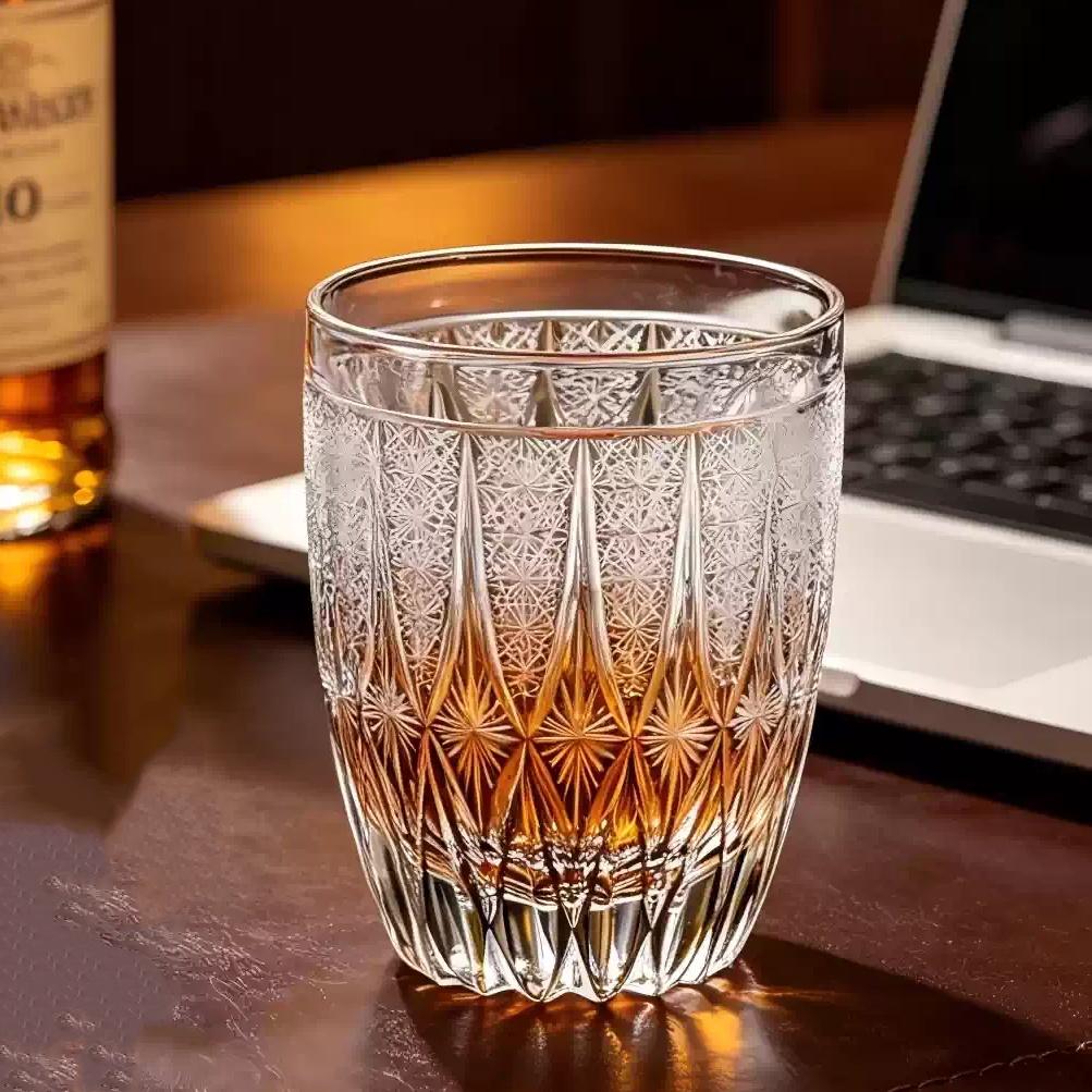 300ml Hand Blown Grey Crystal Cocktail Whiskey Glass with Edo Kiriko Japanese Design Luxury Gift for Birthday Moving Beer Lovers