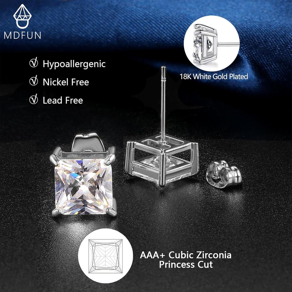 Stud Earrings for Women,18K Gold Plated CZ Set of 5 | Princess Cut Cubic Zirconia,Hypoallergenic Earrings,Earrings for Men and Women,Everyday Studs