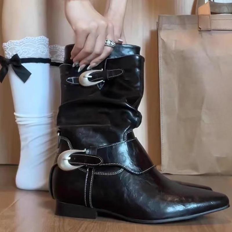 Fashion Retro Knight Boots Autumn New Fashion Pointed Toe Metal Belt Buckle Inside Heightened Anti-Slip Wear-Resistant Mid-