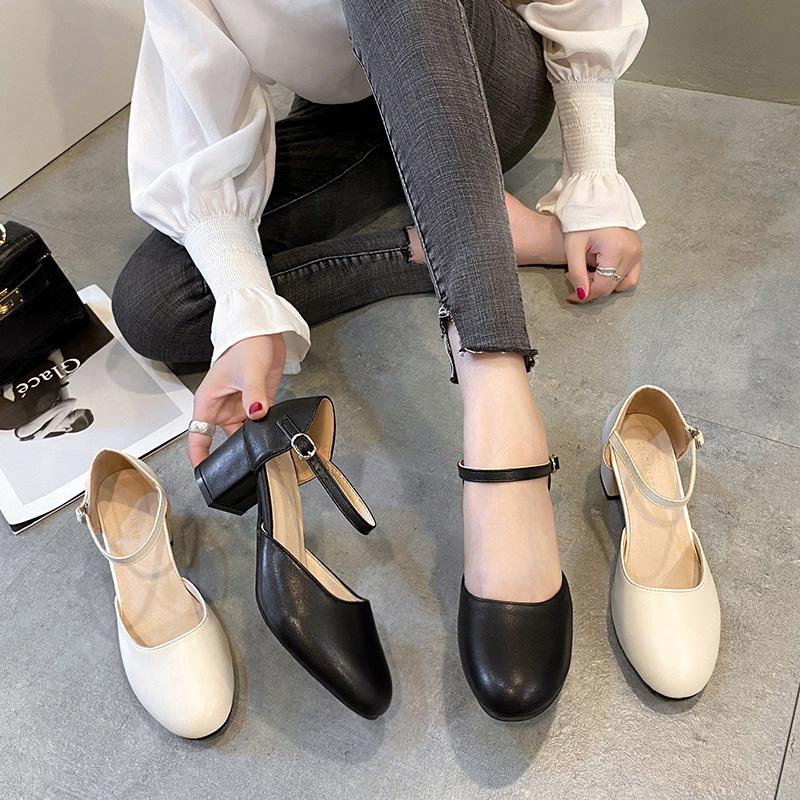 High heels women's 2026 four-season new round head simple light mouth single shoes women's buckle thick heel medium heel women's shoes are not tired