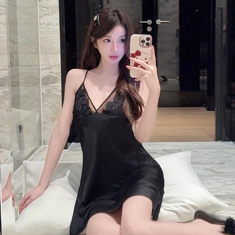 Vernis Ice Silk Suspender High-end Pajamas Women's Summer Sexy Lace Pure Desire Pajamas Ice and Snow Silk Loungewear