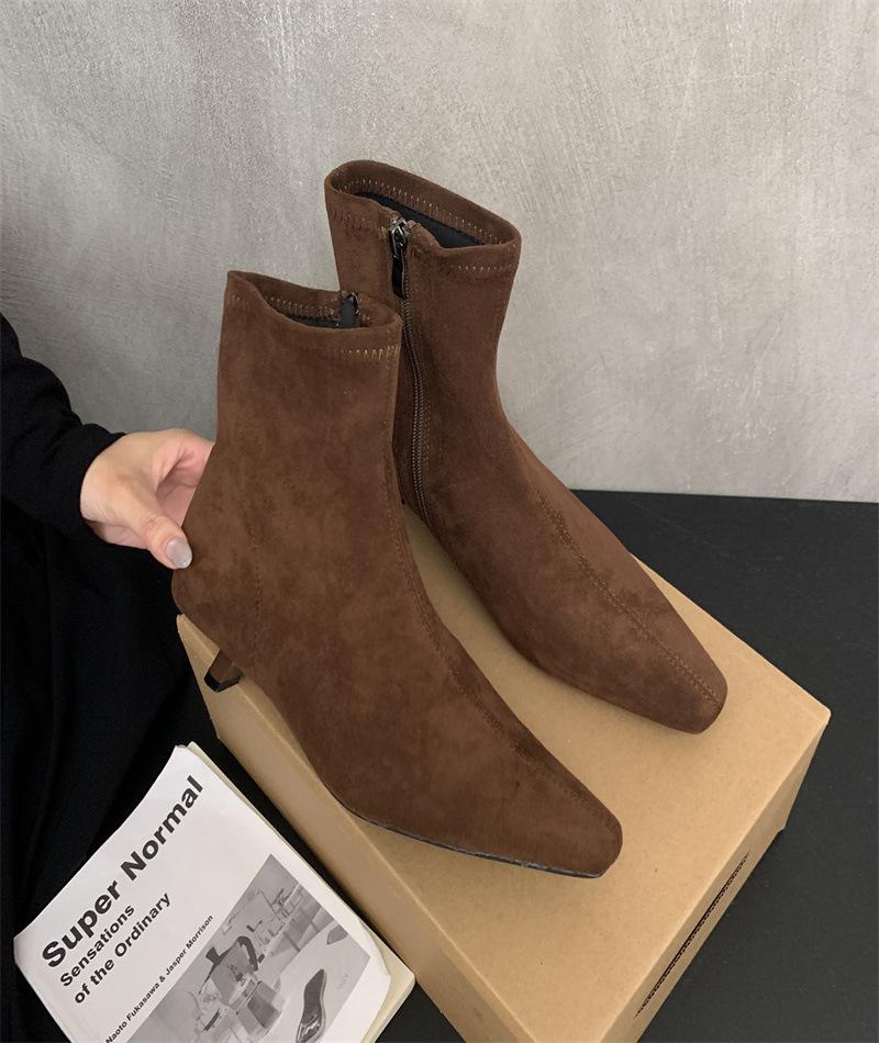 High-heeled pointed-toed temperament suede short boots women's shoes 2025 new autumn and winter velvet thin-heeled Korean thin boots